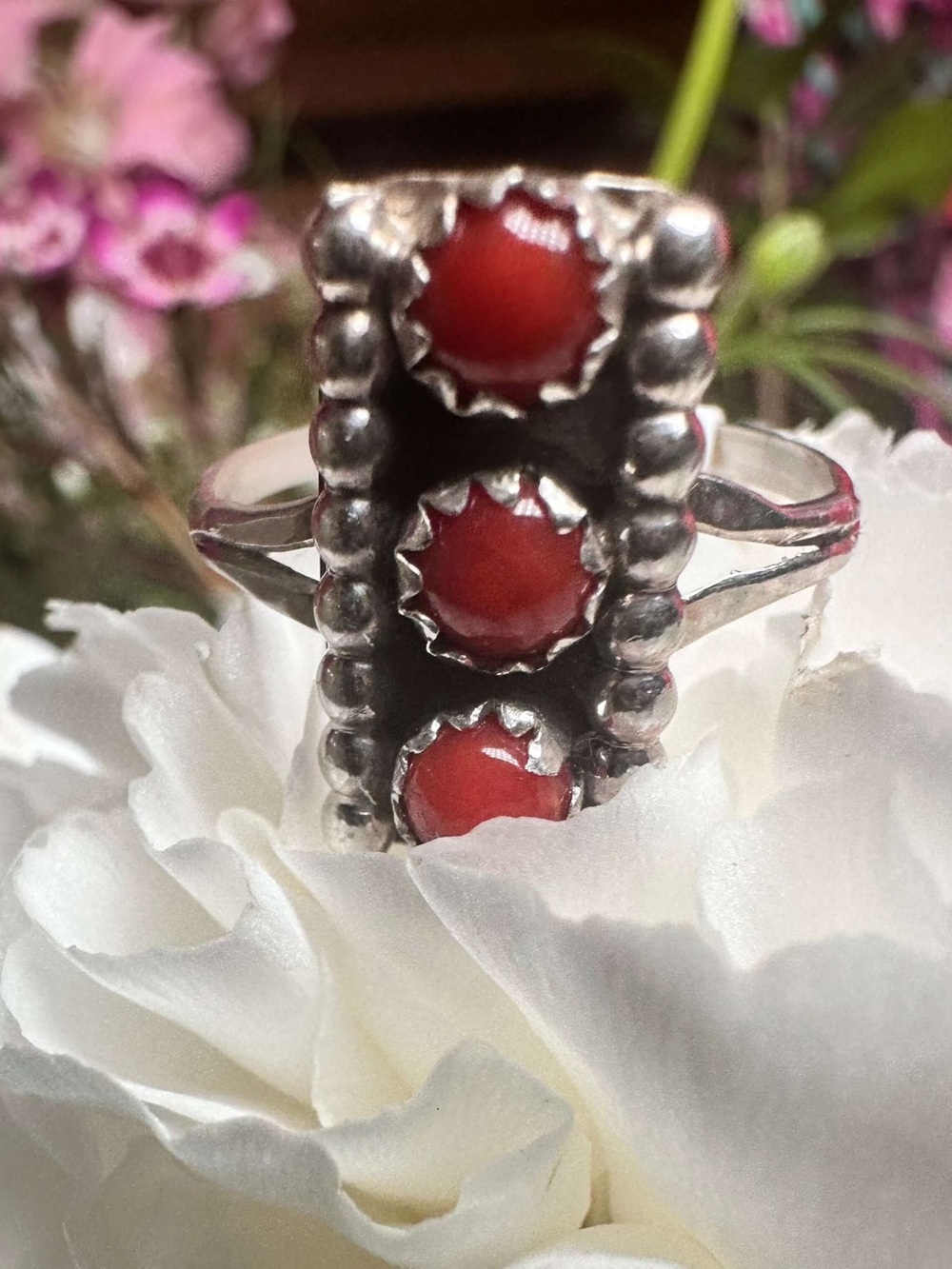 Sterling Silver Red Coral Triple Stone Ring